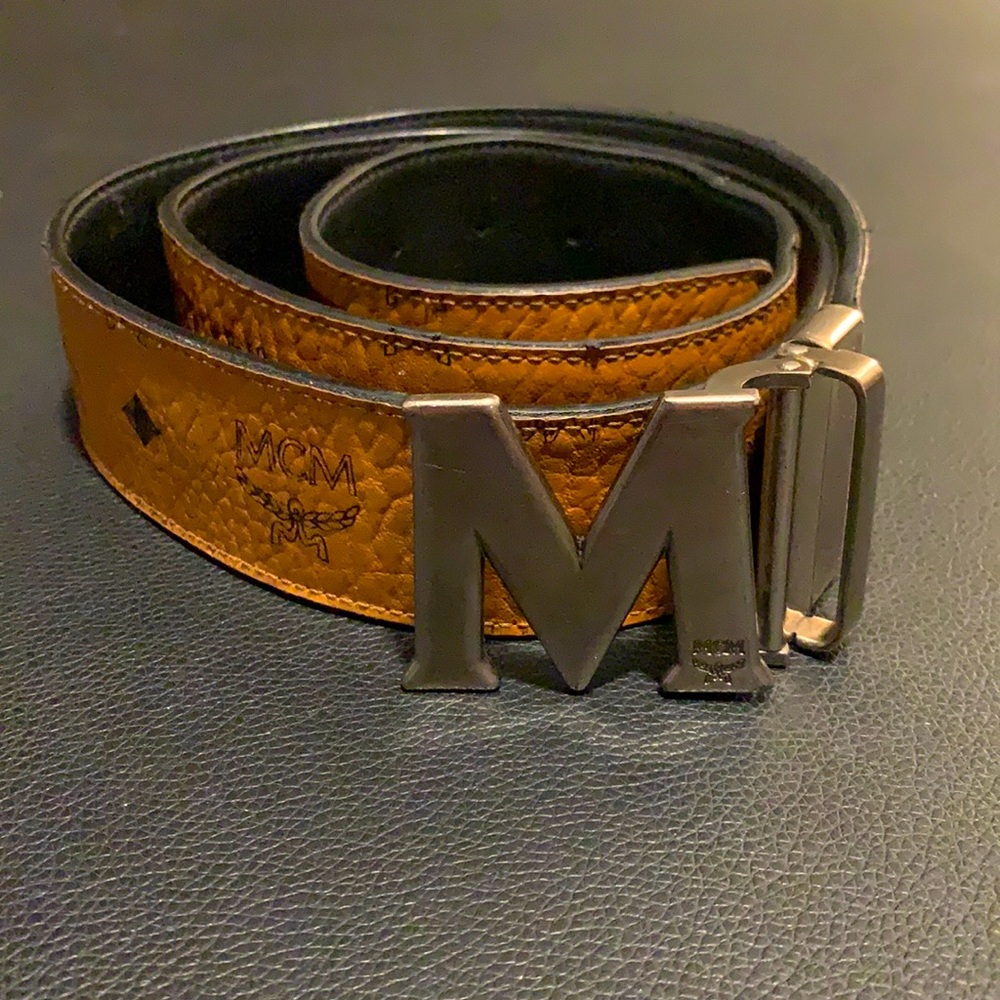 MCM Belt, 36-42 Tan and Black, chrome buckle,